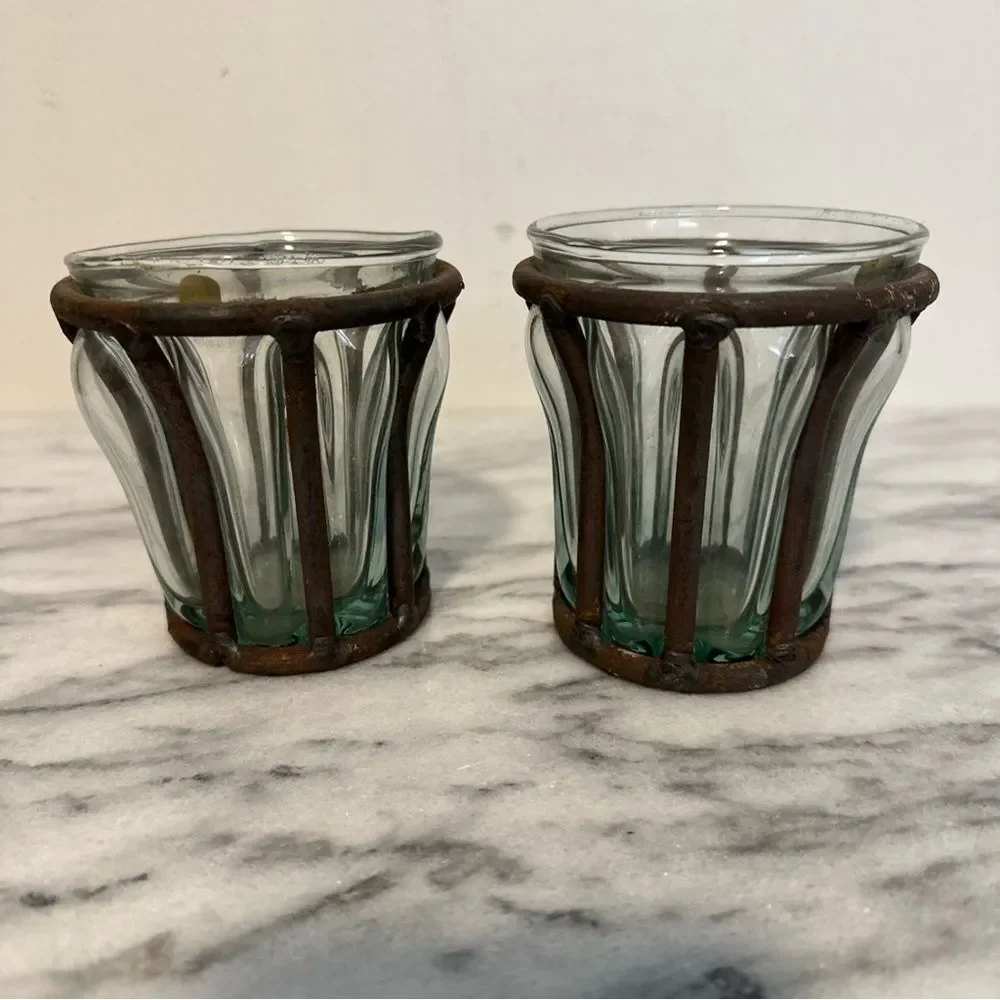 Rustic caged bubble Glass votive Candle Holders vintage brutalist